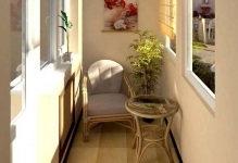 Bútor erkély loggia fénykép és egy kanapé a kezét, egy szék és egy komód fonott, összecsukható puha