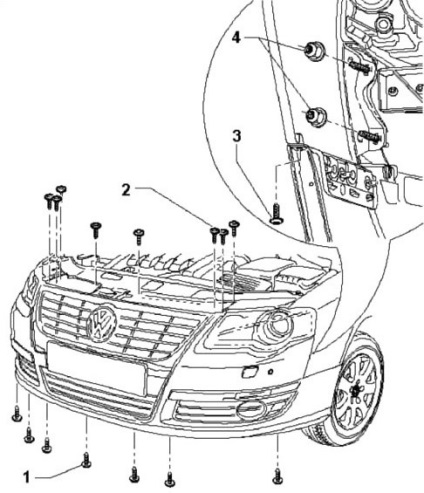 Înlăturarea grilajului radiatorului și a ornamentelor din față. Volkswagen passat b6 2005