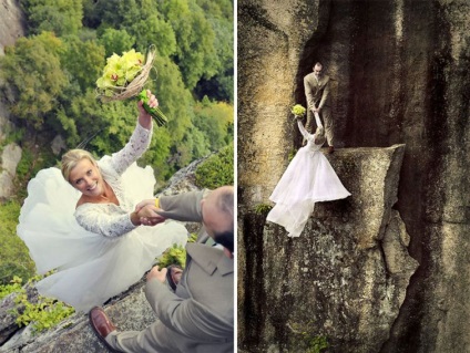 Cele mai extreme fotografii de nunta cu nou-născuții care stau pe marginea abisului de 100 de metri,