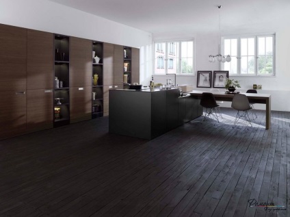 Sötét (fekete) emeleti lakberendezés konyha, hálószoba, fürdőszoba és nappali