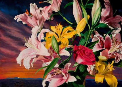 A művészek és fotósok a világ minden tájáról a virágos csendéletek akvarell