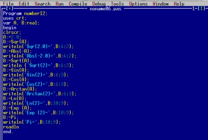 Funcțiile sqr, abs, sqrt, sin, cos, arctan, ln, exp, pi în pascal