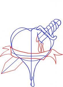 Cum să desenezi o inimă cu un pumnal pe etape, folosind scheme de fotografie