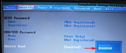 Dezactivarea încărcării securizate în bios