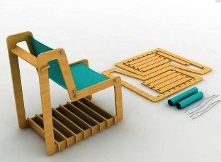 Un scaun, o masă, un scaun balansoar din placaj și