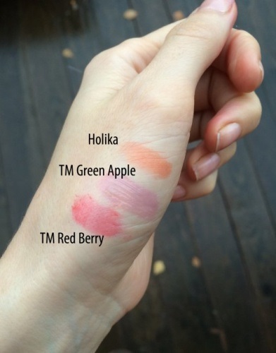 Tony Moly örömére mágikus ajak árnyalat zöld alma és piros bogyós gyümölcs, holika holika szent bogyó árnyalat cloudberry