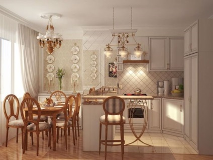 Interiorul bucătăriei în stil decorat în stil Provence, mobilier, iluminat