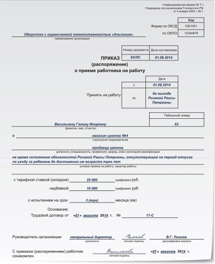 Ordinul privind angajarea în cadrul unui contract de muncă pe durată determinată exemplifică cererea, acordul și altele