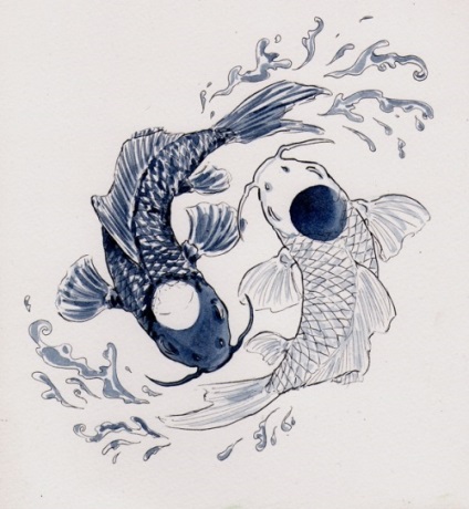 Schița de pește tatu yin yang - două fețe ale aceleiași monede