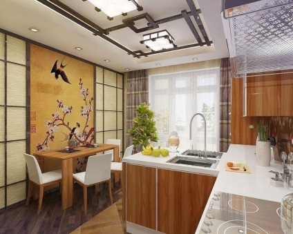 Кухня в японски стил интериорен дизайн, аксесоари, и т.н. образ на череша със снимки