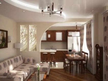 Bucătărie, combinată cu sfaturile de design ale sălii pentru decorarea interiorului (fotografie)