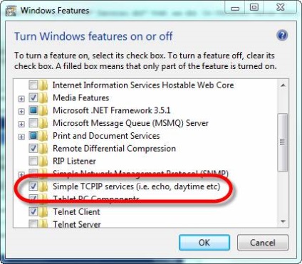 Windows 7 servicii simple tcp