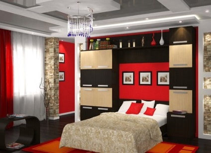 Zidul din dormitor este un deal ieftin și elegant, un modular modular, cu mobilier foto, unghiular, de tip