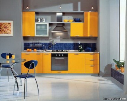 Galben și albastru bucătărie, fotografie, albastru și galben, design interior, exemple cu fotografii, combinații de culori, toate
