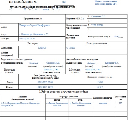 Подорожній лист вантажного автомобіля індивідуального підприємця