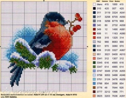 Bullfinch pentru broderie - broderie de bullfinches cu un model cruce și o descriere