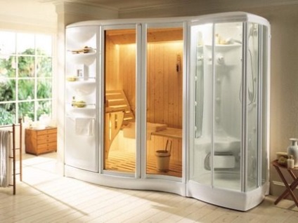 Cabină de duș cu vedere la sauna, dispozitiv, cum să alegi