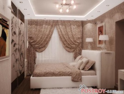 Designul unui dormitor îngust creează o atmosferă plăcută, ospalne