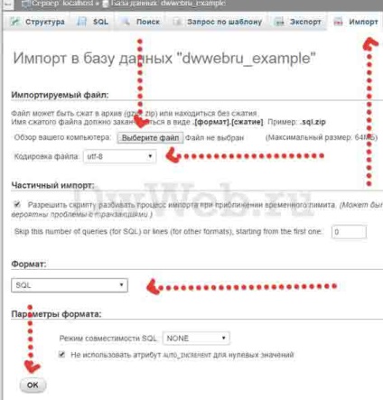 Importul bazei de date mysql