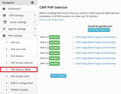 Hogyan változtassuk meg a php verziót futtató szerveren CentOS web panel - futás