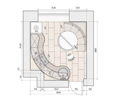 Interiorul unei bucătării semicirculare de 9 metri