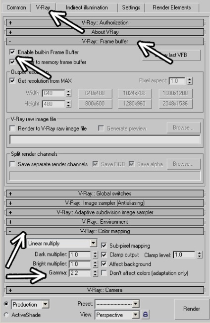 Setarea gammei în setările vray