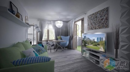 Proiectați un proiect de apartament în stilul New York, organizarea locului de muncă, zona de oaspeți din apartament,