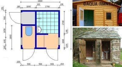 Designul unei toalete cabana cu un duș în desene și scheme