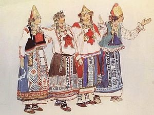 Costum rusesc în schițele artistului Viktor Vasnetsov la opera Ogo-Korsakov Snow Maiden - Fair