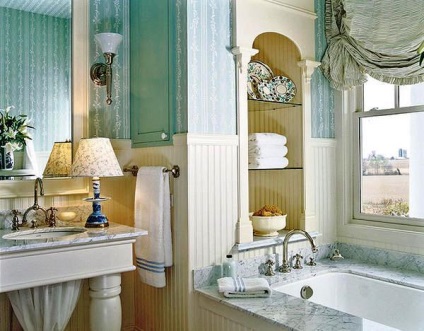 Fürdőszoba, amerikai stílusú egyszerűség, a funkcionalitás és a gazdaságosság a vízhasználat, design