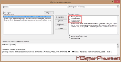 Használata helyőrzők források létrehozása során a hivatkozások listáját az MS Word