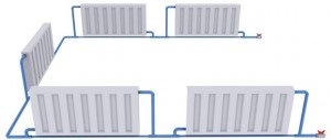 Schema cu o conductă și cu două țevi pentru încălzirea unei case cu o singură etapă, cu circulație forțată