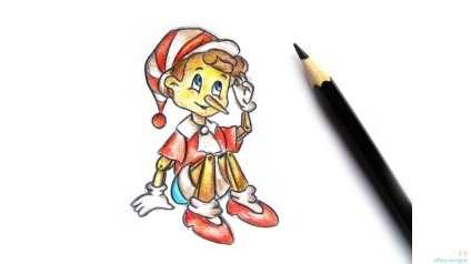 Învățând să atragă ca Pinocchio sta pe podea cu creioane colorate