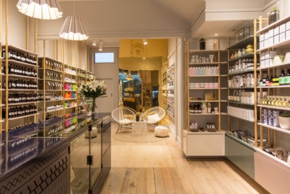 Interiorul unui boutique cosmetic în stilul unei vechi farmacii