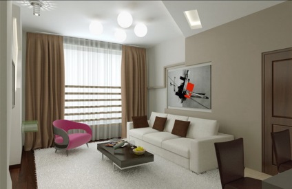 Design interior al unui living mic combinat cu o bucătărie, într-un apartament în Hrușciov, într-o casă privată,