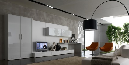 Tervezés és nappali belsőépítészeti hi-tech stílusú, hogyan kell kiválasztani a bútorokat, csillárokat, függönyök és