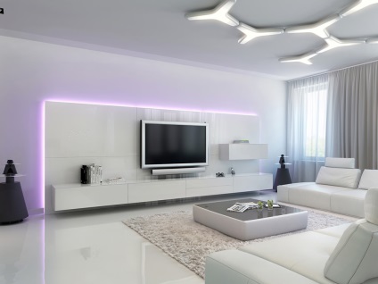 Designul și decorarea interioară a livingului în stilul de înaltă tehnologie, cum să alegeți mobilier, candelabre, perdele și