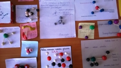 Modele de molecule cu mâinile lor la lecțiile de fizică, instituția de învățământ bugetară municipală
