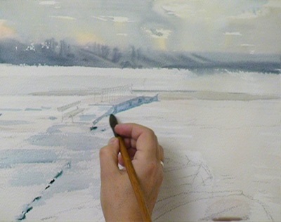 Desenați un frumos peisaj de iarnă cu acuarelă, cu un complot nereducibil