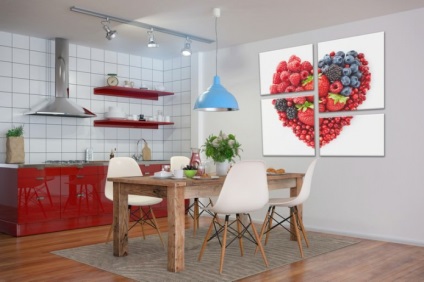 Picturi moderne modulare în interiorul livingului, dormitor și bucătărie