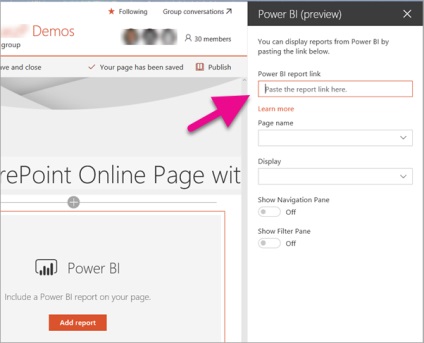 Folosind partea web a rapoartelor în Sharepoint online, microsoft power bi