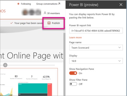 Folosind partea web a rapoartelor în Sharepoint online, microsoft power bi