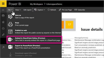 Folosind partea web a rapoartelor în Sharepoint online, microsoft power bi