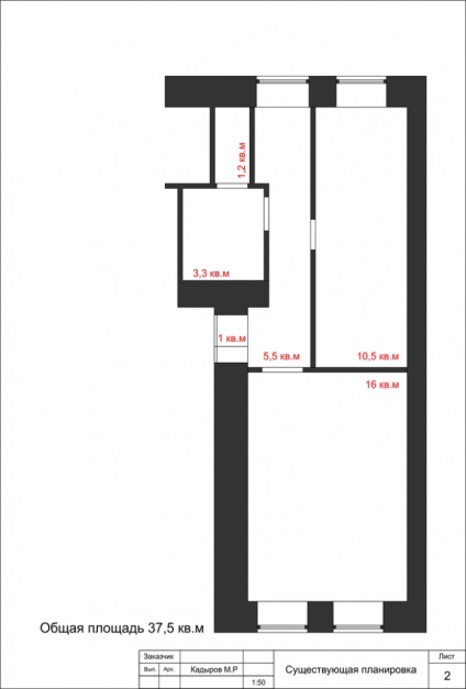 Tervezése egyszobás apartman-raspashonki 37, 5 négyzetméter
