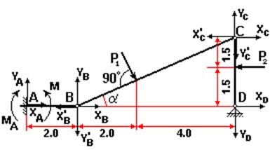 Determinarea reacțiilor la punctele a și d, precum și forțele din balamalele structurii