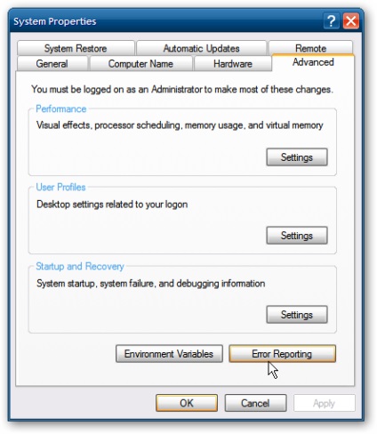 Dezactivarea raportului de eroare în Windows 7, XP, Vista