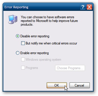 Dezactivarea raportului de eroare în Windows 7, XP, Vista