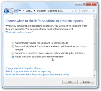 Dezactivarea raportului de eroare în Windows 7, XP, Vista