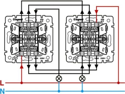 Principiu și schemă pentru conectarea unui întrerupător de trecere cu două comutatoare