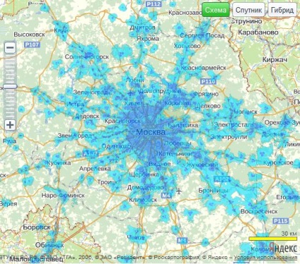 Harta stațiilor de bază ale operatorului de telefonie mobilă și furnizorului de servicii de Internet mobil yota